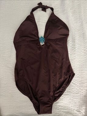 Magicsuit Chocolate Brown Halter One-Piece with Turquoise Jewel